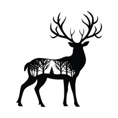 Deer silhouette with a double exposure effect of a forest landscape. Black and white vector illustration for Christmas, nature, or wildlife themes.
