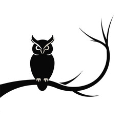 Fototapeta premium Minimalist owl silhouette perched on a curved branch, vector line art in black and white on white background, perfect for nature or wildlife themes.
