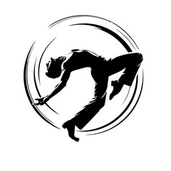 Black and white vector silhouette of a dancing artist on white background