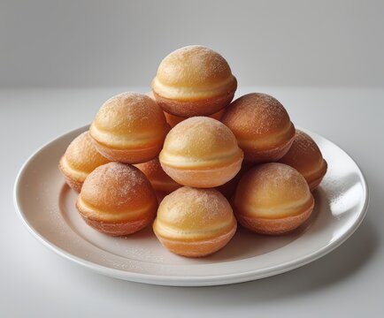 Stacked golden brown Timbits donuts dusted with sugar on a white plate against a neutral backdrop