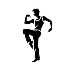 Black and white vector silhouette of a dancing artist on white background