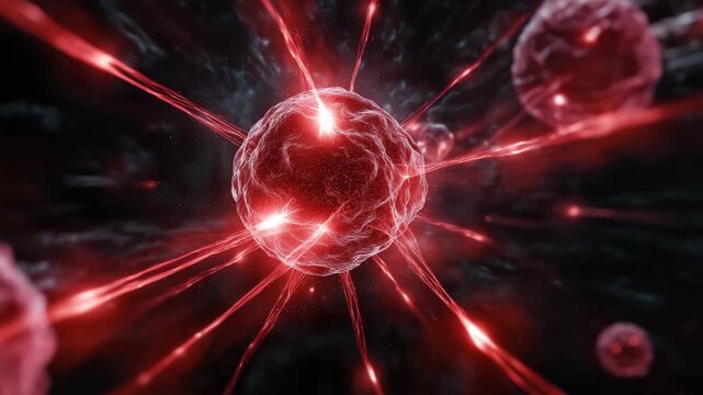 Red cell with a black center. The cell is surrounded by red and black lines. red energy wave hitting stacked cancer cells, bursting effect, high contrast, break cancer cells, targeted therapy