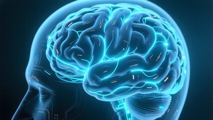 Digital Illustration of a Human Brain with Illuminated Neural Pathways