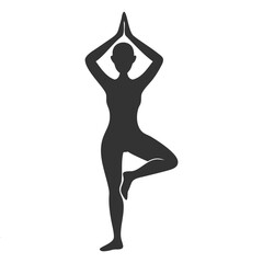 Fototapeta premium Elegant black silhouette of a woman in tree pose with hands in prayer, ideal for yoga, wellness, or meditation designs.