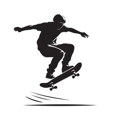 Obraz premium Bold black silhouette of a skateboarder mid-air with motion lines, ideal for sports, urban, or youth designs.