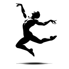 Black and white vector silhouette of a dancing artist on white background