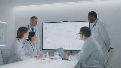 Medical professionals in a meeting discussing data on a large screen