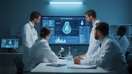 Medical professionals analyze brain imaging data on a large digital screen in a laboratory setting.