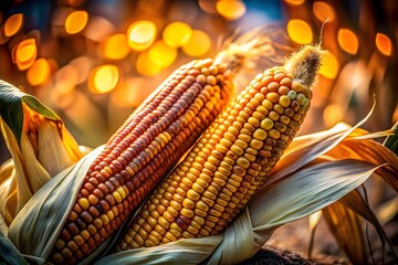 Harvested Corn Cobs in Autumn Field with Golden Bokeh Background