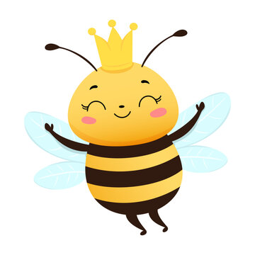 Cheerful queen bee with crown and blue wings smiling happily, colorful flat style, royalty and happiness
