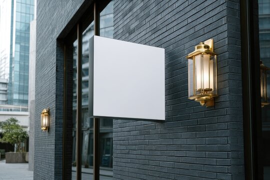 Blank square sign on dark brick storefront