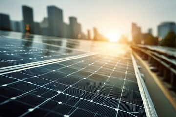 Close-up of solar panels on a rooftop, with a city skyline in soft focus in the background. Sunlight streams through the scene