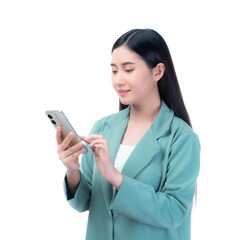 Asian businesswoman using smartphone touching screen with finger while smiling, wearing green blazer and white shirt, isolated on a transparent background, modern lifestyle and communication concept
