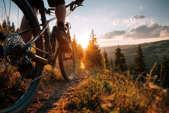 Mountain biker on trail at sunset