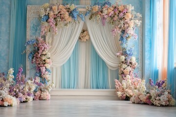 Floral arch backdrop, light blue walls