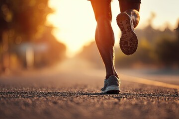 Runner's legs in motion on a road at sunrise