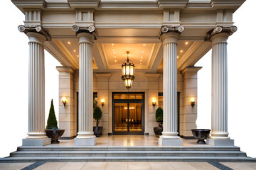 Obraz premium Entrance with classical columns and a hanging lantern illuminating the doorway of a building