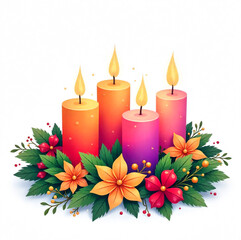 Advent wreath made of fir branches with four candles inside, Christmas decor