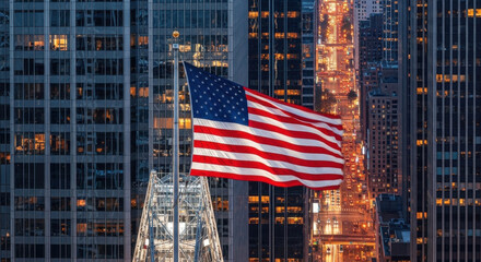 American flag waving in front of modern skyscraper, cityscape background with illuminated street, urban evening scene, patriotic atmosphere, vibrant lights, national pride