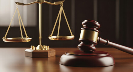 Wooden gavel, golden balance scale, and law book on polished desk in courtroom, symbolizing justice, authority, and legal decision with serious atmosphere