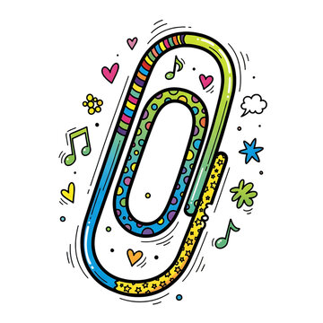 A colorful and funky cartoon illustration of a decorated paper clip surrounded by music notes, hearts, stars, and other playful doodles. PNG with transparent background