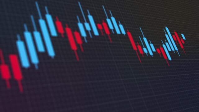 Video animation of a moving candlestick chart in blue and red, showing how a price goes up and down, on a dark background, on a monitor. Volatility of investments (stock market, cryptocurrencies) - se