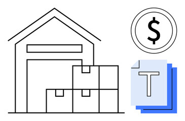 Warehouse outline with stacked boxes, dollar sign icon, and document sheet. Ideal for logistics, supply chain, inventory, financial management, document handling, shipping simple landing page