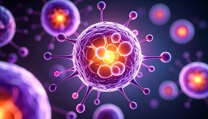 Detailed purple virus cell with orange glowing core and surrounding cells