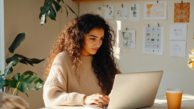 Young woman working on laptop in bright home office with sunlight and curly hair