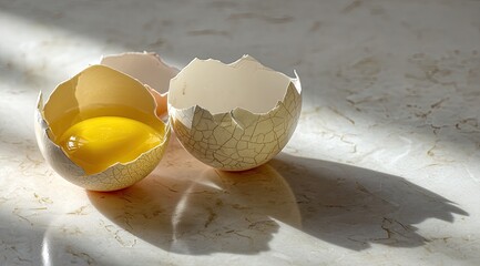 Two cracked eggshells, revealing yolk, on a light marble surface. Sunlight casts shadows
