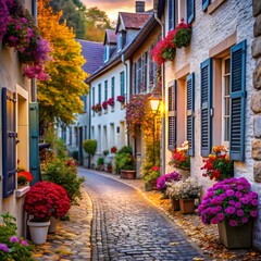 Fototapeta premium Charming European Village Street with Colorful Flowers and Autumn Foliage