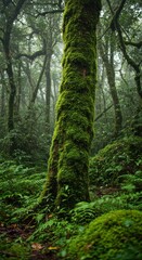 Obraz premium Lush mossy tree in misty forest