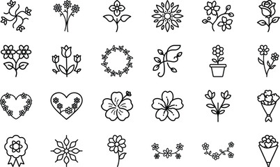 Bundle of 24 Hand-Drawn Flower Icons – Minimalist Floral Vector Set for Design, Tattoo, Logo, and Decorative Use