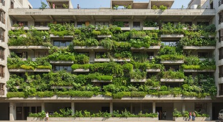 Barbican estate building adorned with lush greenery on balconies. Suitable for real estate or urban architecture concepts. Vibrant and verdant architectural composition.