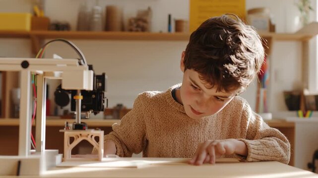 Curious child engaged with 3d printer in creative workshop setting