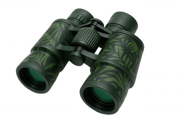 Close-up of Green Binoculars with Tropical Leaf Pattern, Ideal for Outdoor Exploration and Nature Observation