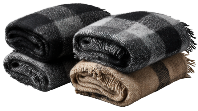 Cozy Plaid Blankets: Folded plaid blankets in a variety of colors offer comfort and warmth, perfect for snuggling up during chilly evenings.