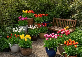 A colorful display of tulips in pots adorns a garden with a wooden bench