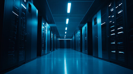 Server room data center with rows of server racks and glowing LED lights
