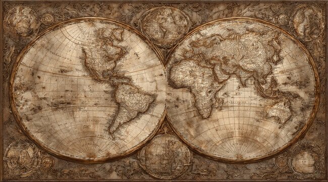 Two antique world maps, aged sepia tone, symmetrical.  Detailed, carved wood-like textures.  Ornate borders - Powered by Adobe