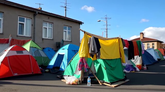 Tents set up outdoors with clothes drying