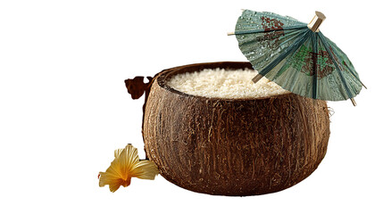 Refreshing Coconut drink with Umbrella: a tropical coconut shell, filled to the brim with a refreshing drink. Adorned with a miniature umbrella, the scene evokes relaxation and enjoyment.