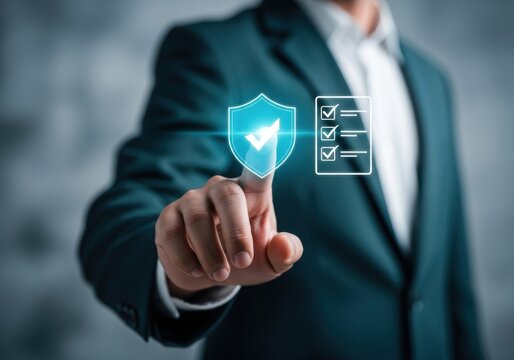 Businessman activating security shield and compliance checklist on virtual interface promoting data protection and regulatory adherence for business operations