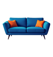 Fototapeta premium Blue Velvet Sofa with Orange Pillows, Transparent Background, Modern Minimalist Design Element