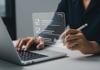 Fototapeta premium Digital Checklist and E Signature on Transparent Screen Man Using Laptop for Online Approval and Task Management Efficiency and Productivity