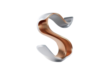 A stylized, three-dimensional capital letter "S" in a  copper and white/silver.  Curved, flowing design with a metallic sheen