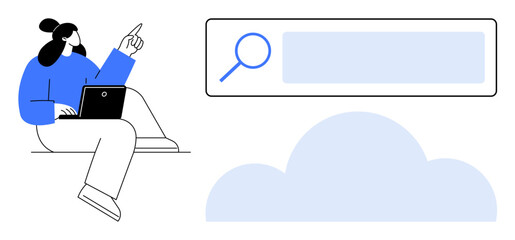 Person using laptop with raised hand gesture, search bar and cloud graphic. Ideal for technology, cloud computing, search engine, data storage, innovation, web design, simple landing page