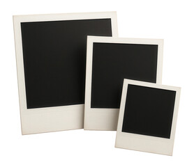 Three blank retro instant photo frames of varying sizes are arranged against a white background, highlighting the nostalgic style and aesthetic of vintage photography.