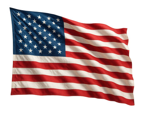 Waving American flag with stars and stripes pattern on transparent background.