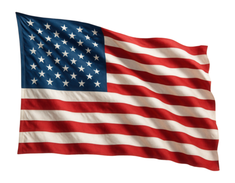 Waving American flag with stars and stripes pattern on transparent background.